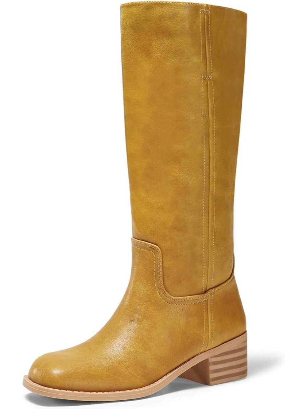 Women Banana Yellow Square Toe Chunky Low Block Heel Comfortable Knee High Boots